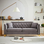 Divano tufted a 3 posti in ciniglia grigio 61.5 con braccioli e borchie in rame, 2 cuscini