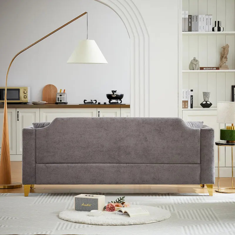Divano tufted a 3 posti in ciniglia grigio 61.5 con braccioli e borchie in rame, 2 cuscini