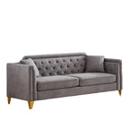 Divano tufted a 3 posti in ciniglia grigio 61.5 con braccioli e borchie in rame, 2 cuscini