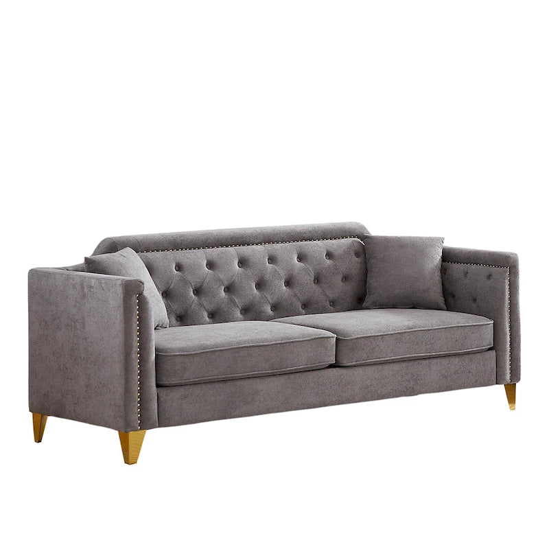 Divano tufted a 3 posti in ciniglia grigio 61.5 con braccioli e borchie in rame, 2 cuscini