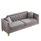 Divano tufted a 3 posti in ciniglia grigio 61.5 con braccioli e borchie in rame, 2 cuscini