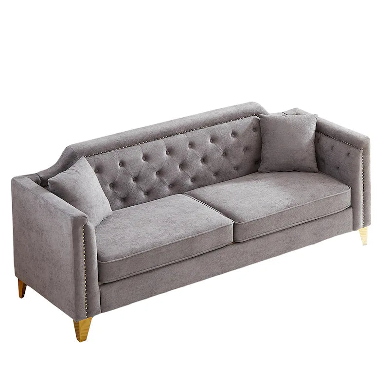 Divano tufted a 3 posti in ciniglia grigio 61.5 con braccioli e borchie in rame, 2 cuscini