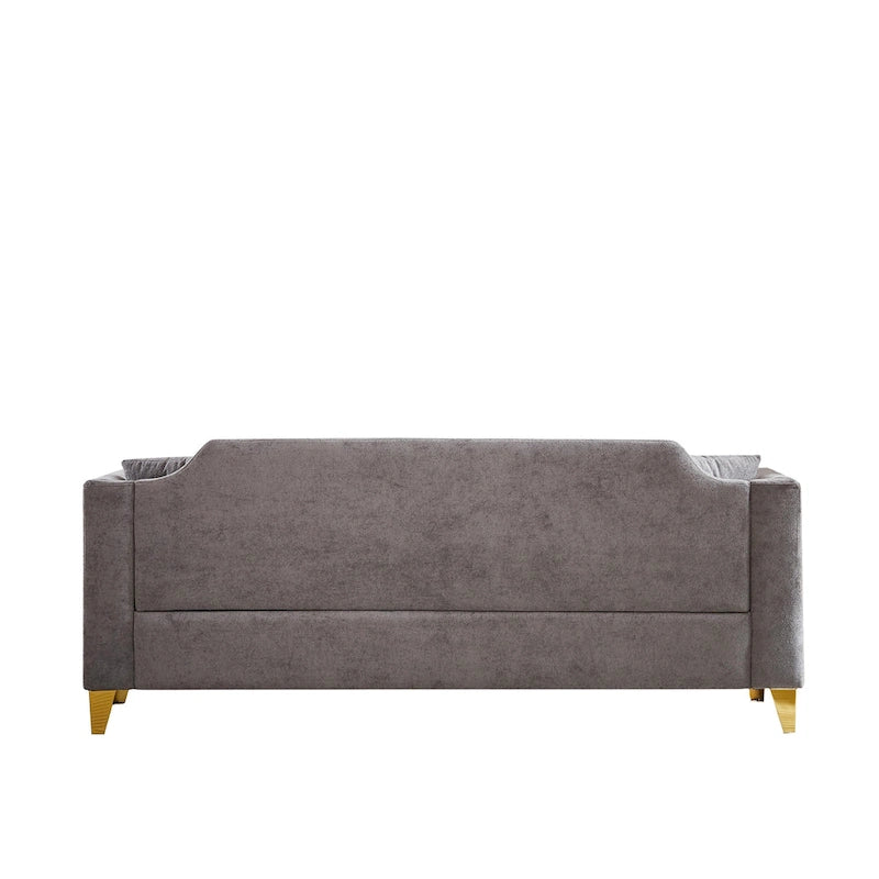 Divano tufted a 3 posti in ciniglia grigio 61.5 con braccioli e borchie in rame, 2 cuscini