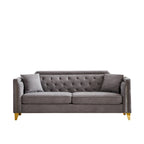 Divano tufted a 3 posti in ciniglia grigio 61.5 con braccioli e borchie in rame, 2 cuscini