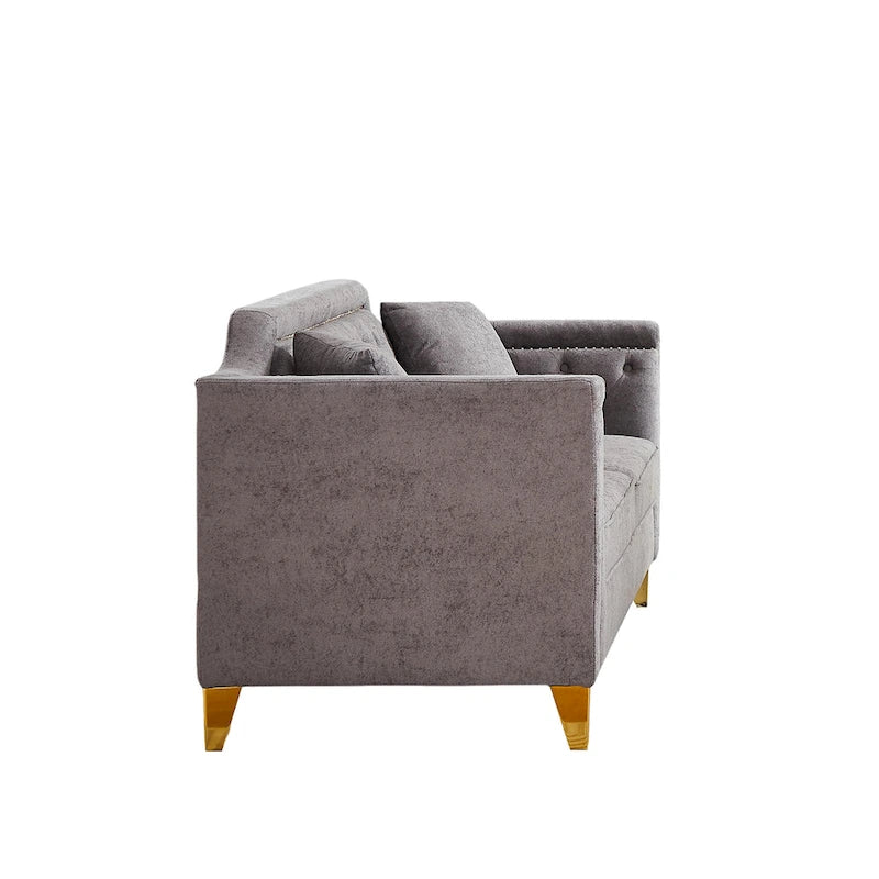 Divano tufted a 3 posti in ciniglia grigio 61.5 con braccioli e borchie in rame, 2 cuscini