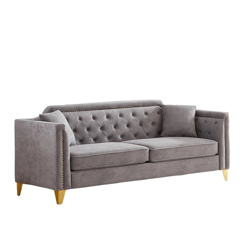 Divano tufted a 3 posti in ciniglia grigio 61.5 con braccioli e borchie in rame, 2 cuscini
