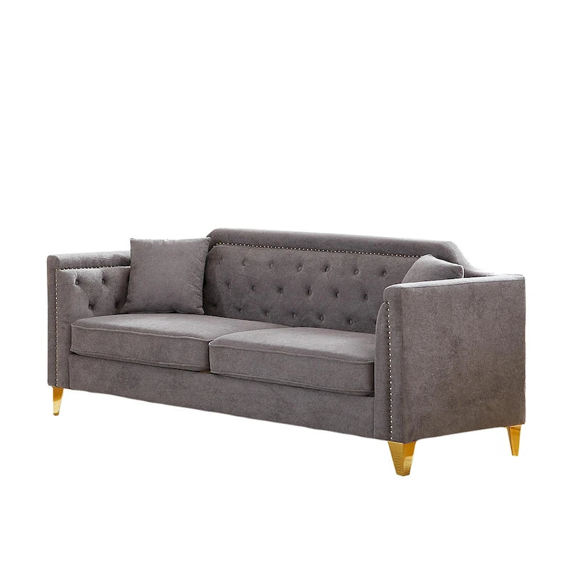 Divano tufted a 3 posti in ciniglia grigio 61.5 con braccioli e borchie in rame, 2 cuscini