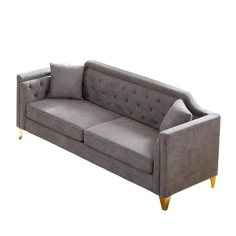 Divano tufted a 3 posti in ciniglia grigio 61.5 con braccioli e borchie in rame, 2 cuscini