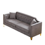 Divano tufted a 3 posti in ciniglia grigio 61.5 con braccioli e borchie in rame, 2 cuscini