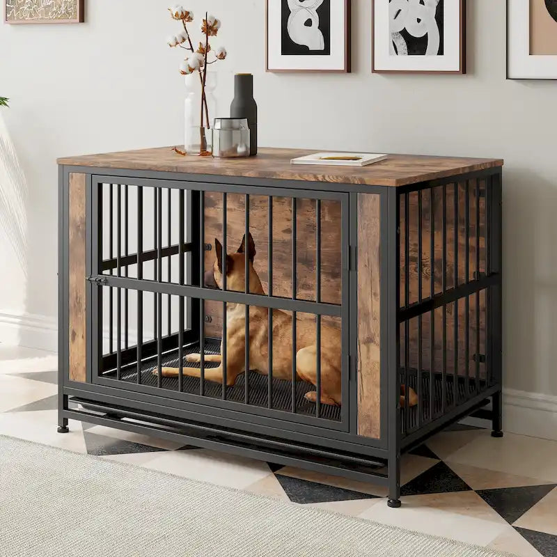 Mobili per Cani, Tavolino per Cani in Legno, Gabbia per Cani da 38,9 con 2 Ante Scorrevoli e Telaio in Ferro Spesso, Cuccia Decorativa per Animali Domestici