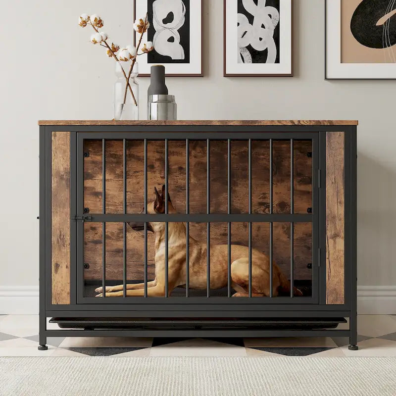 Mobili per Cani, Tavolino per Cani in Legno, Gabbia per Cani da 38,9 con 2 Ante Scorrevoli e Telaio in Ferro Spesso, Cuccia Decorativa per Animali Domestici