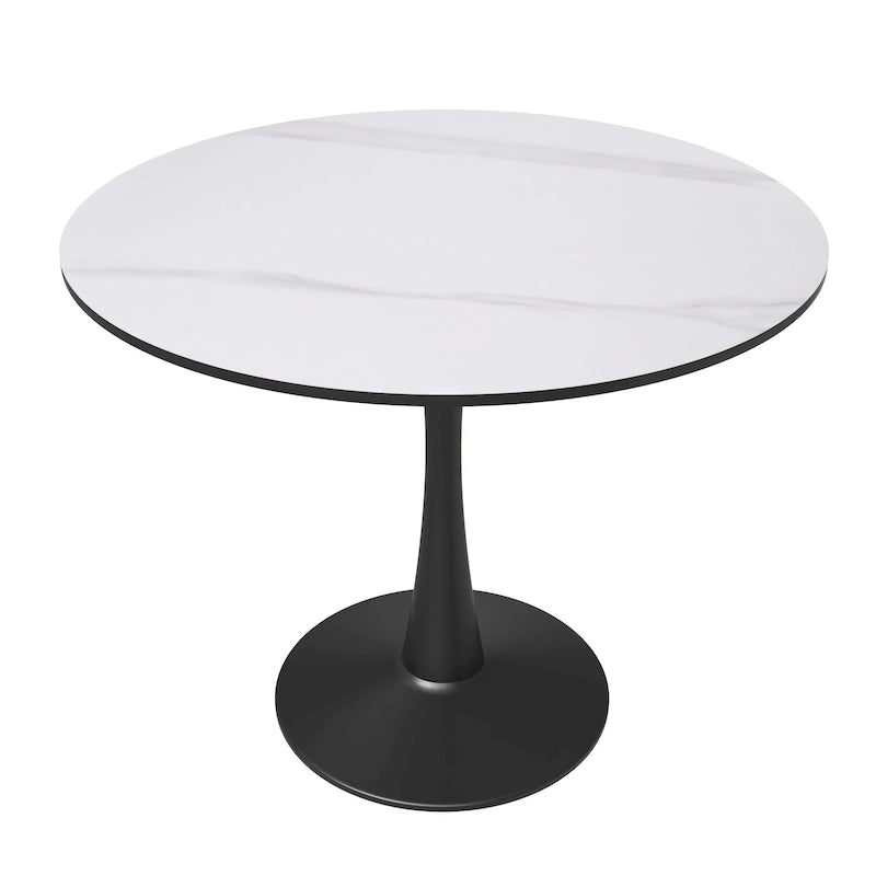 Tavolo da pranzo Bristol 32 rotondo minimalista per 4 persone, con piano in pietra sinterizzata e base a piedistallo in ferro nero per cucina e sala da pranzo