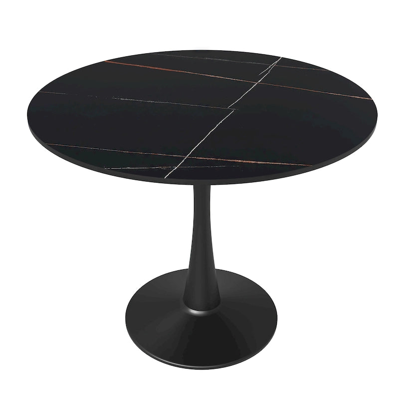 Tavolo da pranzo Bristol 32 rotondo minimalista per 4 persone, con piano in pietra sinterizzata e base a piedistallo in ferro nero per cucina e sala da pranzo