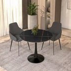 Tavolo da pranzo Bristol 32 rotondo minimalista per 4 persone, con piano in pietra sinterizzata e base a piedistallo in ferro nero per cucina e sala da pranzo