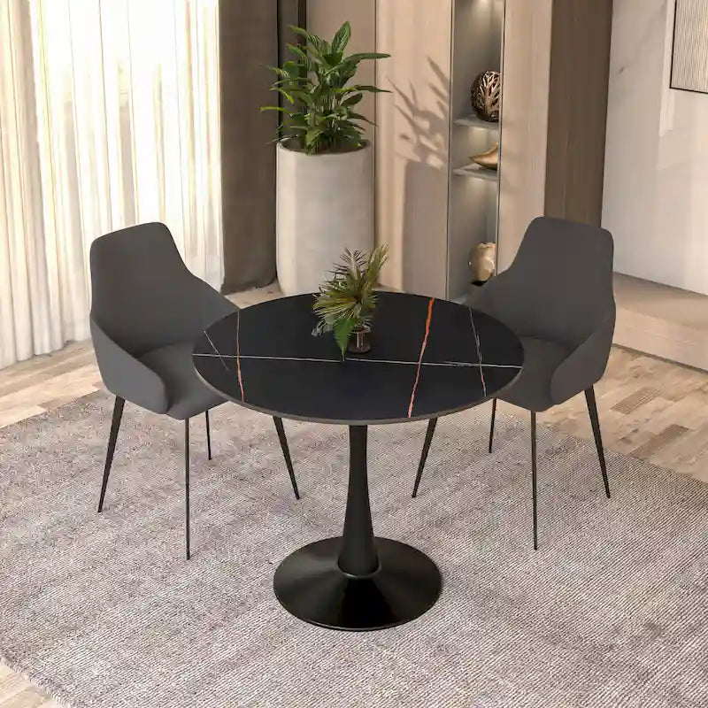 Tavolo da pranzo Bristol 32 rotondo minimalista per 4 persone, con piano in pietra sinterizzata e base a piedistallo in ferro nero per cucina e sala da pranzo