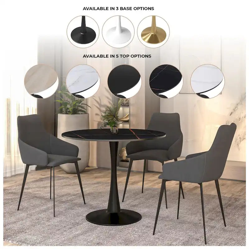 Tavolo da pranzo Bristol 32 rotondo minimalista per 4 persone, con piano in pietra sinterizzata e base a piedistallo in ferro nero per cucina e sala da pranzo