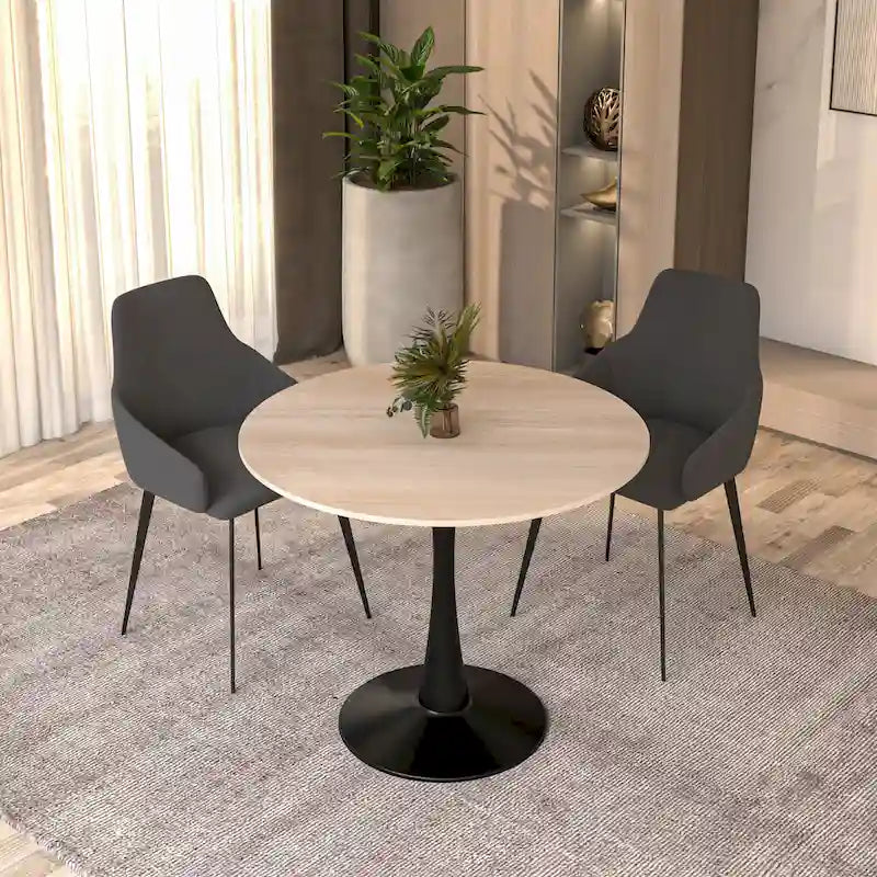 Tavolo da pranzo Bristol 32 rotondo minimalista per 4 persone, con piano in pietra sinterizzata e base a piedistallo in ferro nero per cucina e sala da pranzo