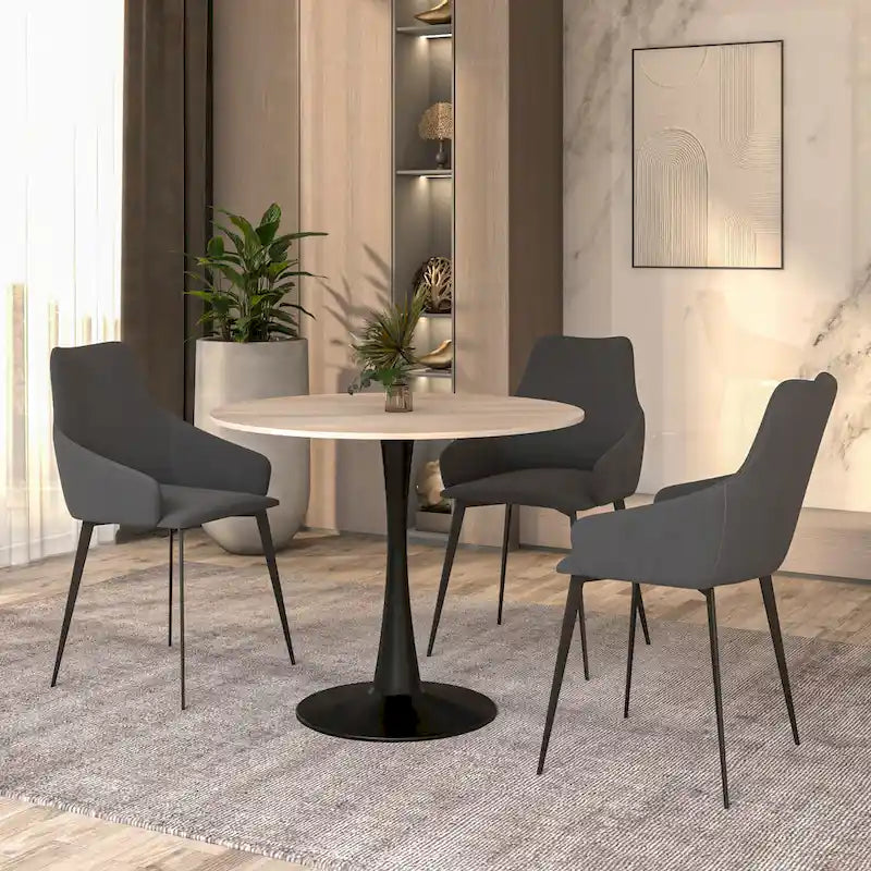 Tavolo da pranzo Bristol 32 rotondo minimalista per 4 persone, con piano in pietra sinterizzata e base a piedistallo in ferro nero per cucina e sala da pranzo