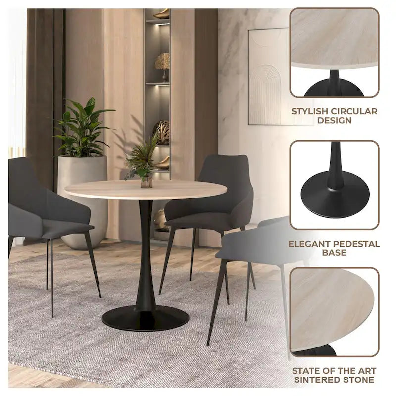 Tavolo da pranzo Bristol 32 rotondo minimalista per 4 persone, con piano in pietra sinterizzata e base a piedistallo in ferro nero per cucina e sala da pranzo