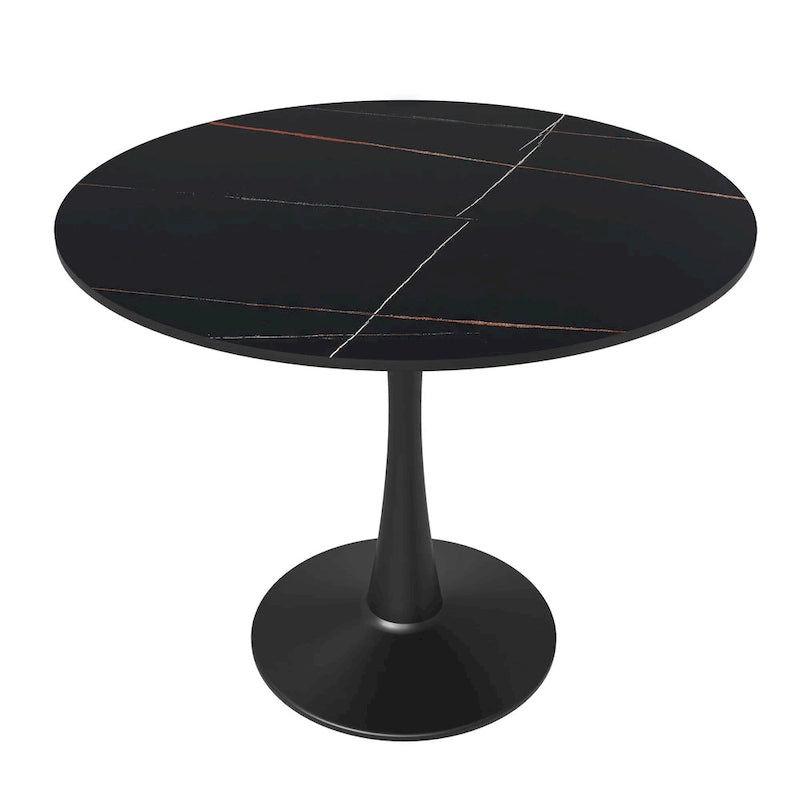 Tavolo da pranzo Bristol 32 rotondo minimalista per 4 persone, con piano in pietra sinterizzata e base a piedistallo in ferro nero per cucina e sala da pranzo