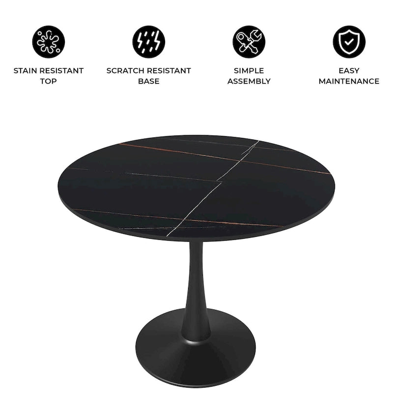 Tavolo da pranzo Bristol 32 rotondo minimalista per 4 persone, con piano in pietra sinterizzata e base a piedistallo in ferro nero per cucina e sala da pranzo