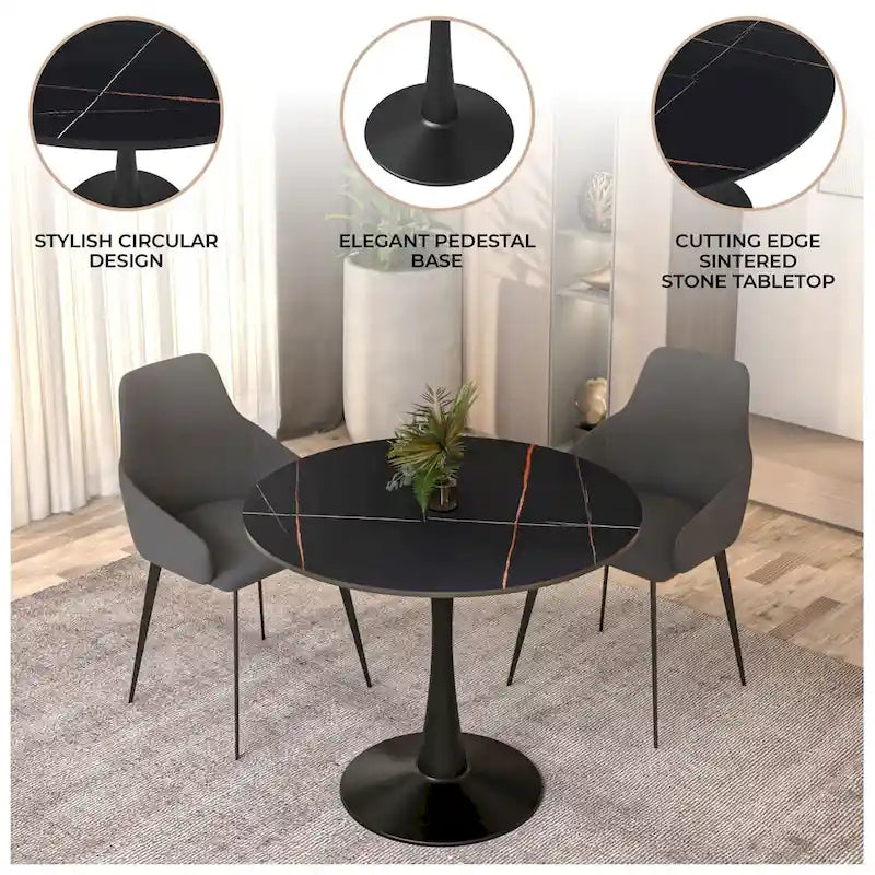 Tavolo da pranzo Bristol 32 rotondo minimalista per 4 persone, con piano in pietra sinterizzata e base a piedistallo in ferro nero per cucina e sala da pranzo