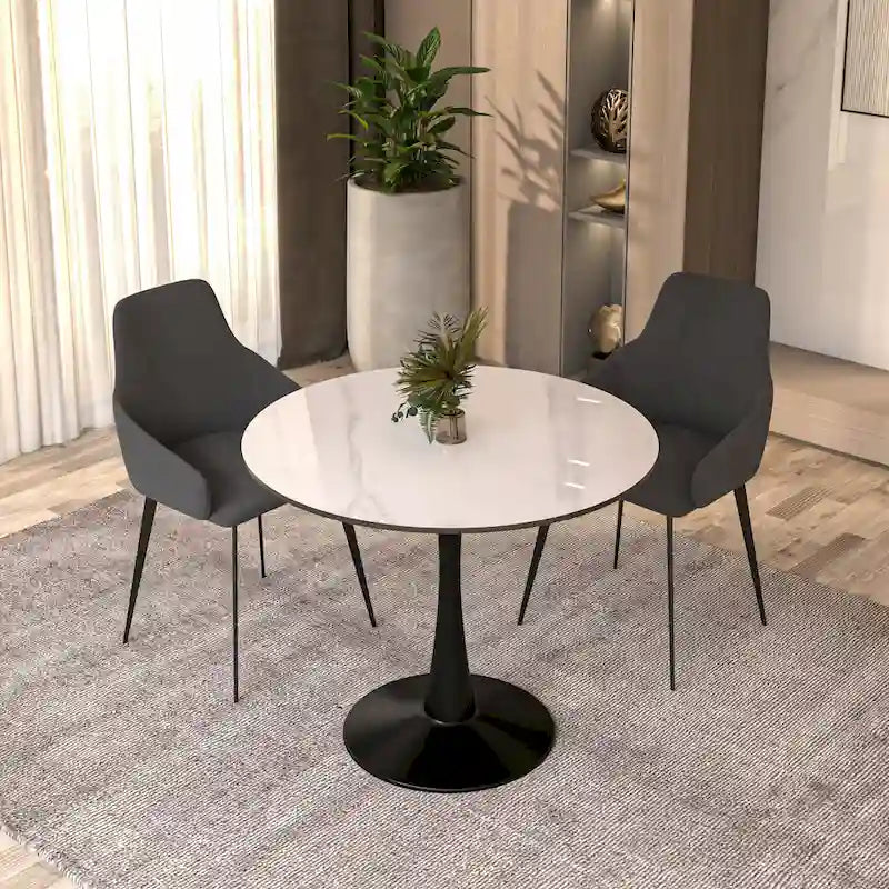 Tavolo da pranzo Bristol 32 rotondo minimalista per 4 persone, con piano in pietra sinterizzata e base a piedistallo in ferro nero per cucina e sala da pranzo