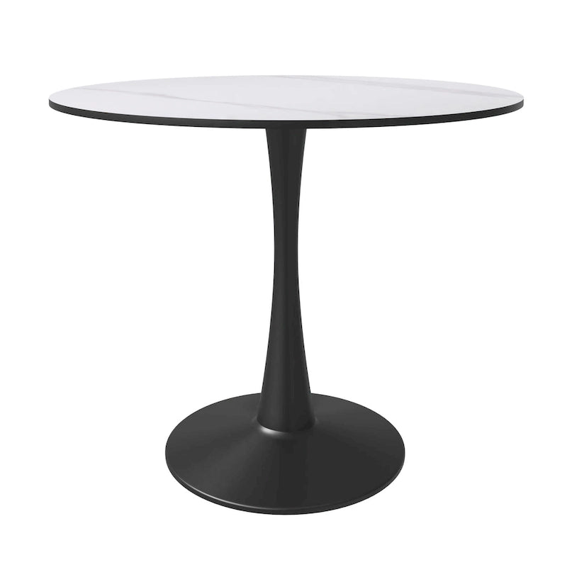 Tavolo da pranzo Bristol 32 rotondo minimalista per 4 persone, con piano in pietra sinterizzata e base a piedistallo in ferro nero per cucina e sala da pranzo