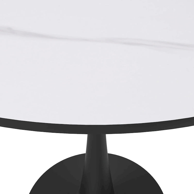 Tavolo da pranzo Bristol 32 rotondo minimalista per 4 persone, con piano in pietra sinterizzata e base a piedistallo in ferro nero per cucina e sala da pranzo