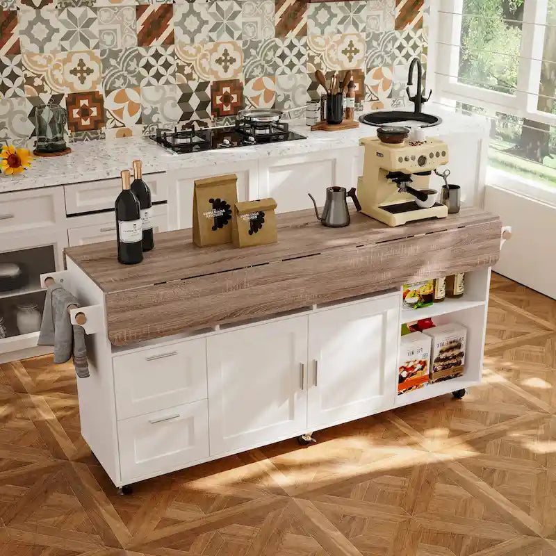 Carrello da cucina con isola pieghevole, 2 cassetti, 2 armadietti e portasciugamani Buffet Sidboard
