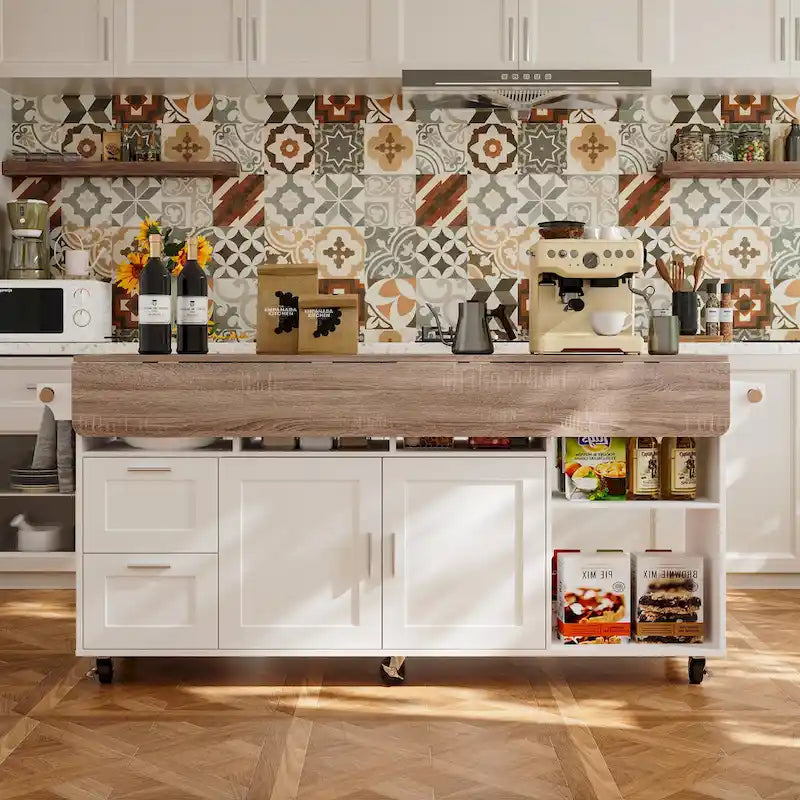 Carrello da cucina con isola pieghevole, 2 cassetti, 2 armadietti e portasciugamani Buffet Sidboard