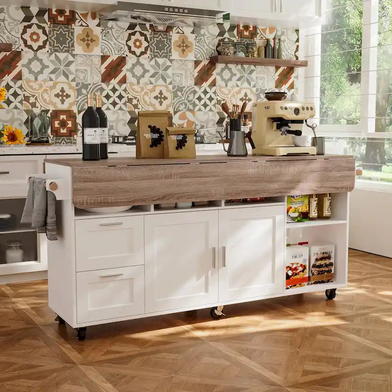 Carrello da cucina con isola pieghevole, 2 cassetti, 2 armadietti e portasciugamani Buffet Sidboard