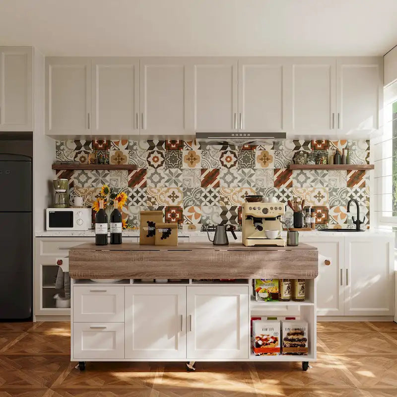 Carrello da cucina con isola pieghevole, 2 cassetti, 2 armadietti e portasciugamani Buffet Sidboard