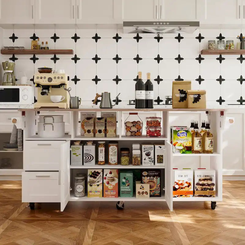 Carrello da cucina con isola pieghevole, 2 cassetti, 2 armadietti e portasciugamani Buffet Sidboard
