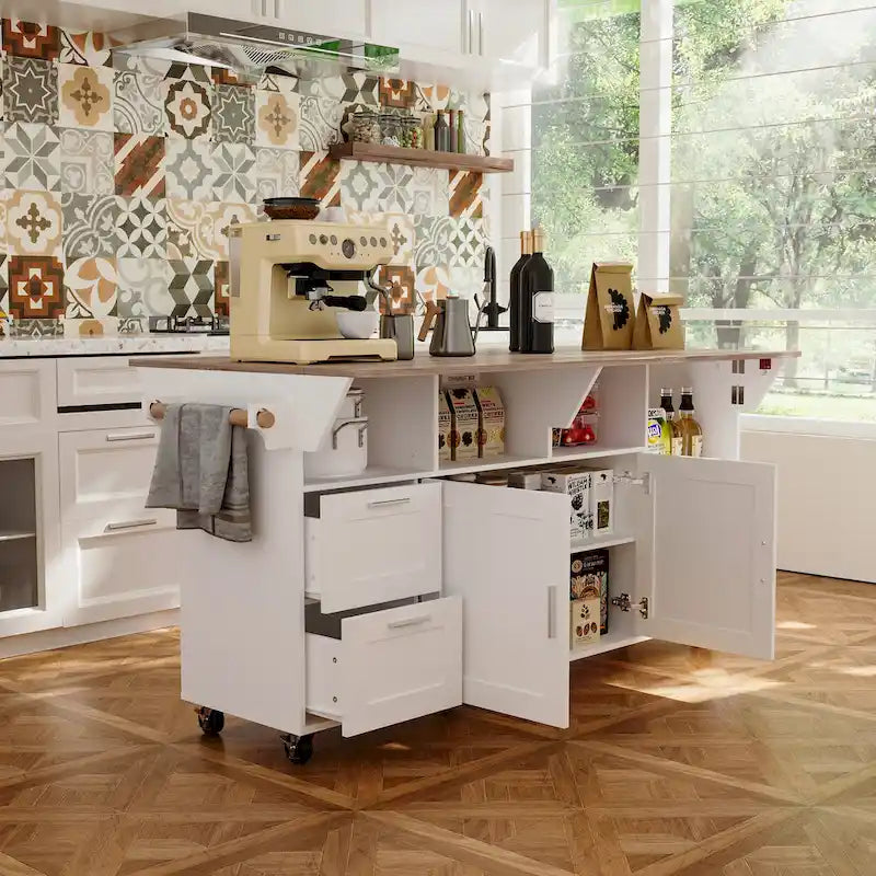 Carrello da cucina con isola pieghevole, 2 cassetti, 2 armadietti e portasciugamani Buffet Sidboard
