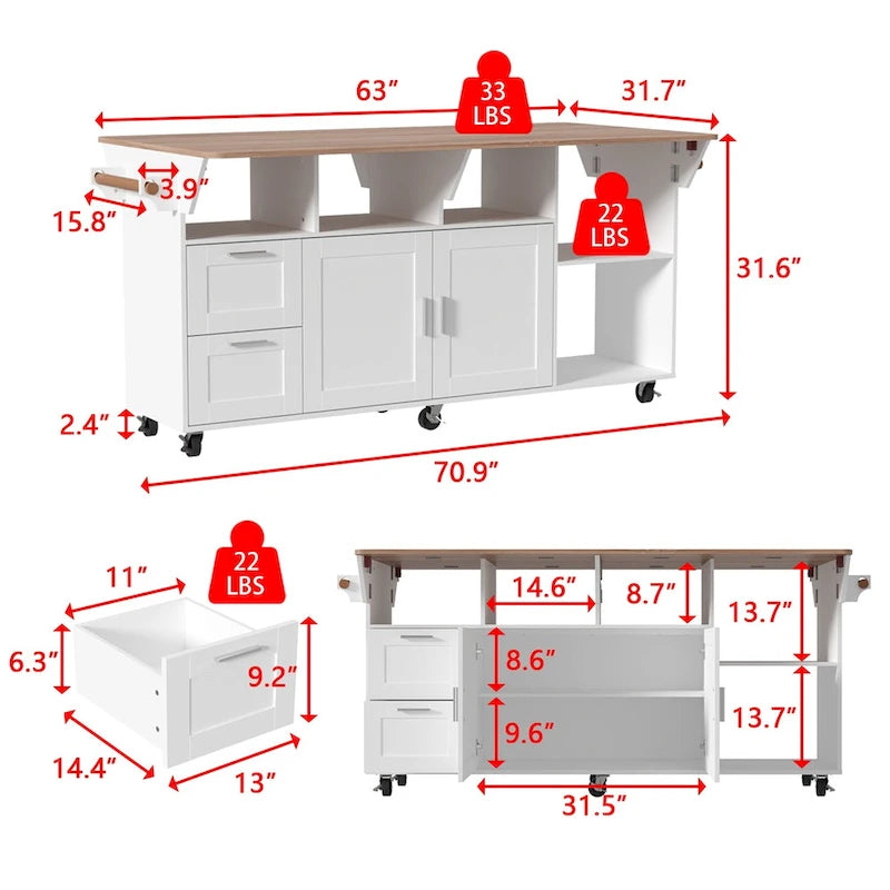 Carrello da cucina con isola pieghevole, 2 cassetti, 2 armadietti e portasciugamani Buffet Sidboard