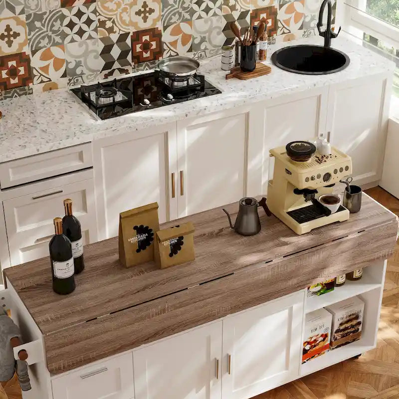 Carrello da cucina con isola pieghevole, 2 cassetti, 2 armadietti e portasciugamani Buffet Sidboard