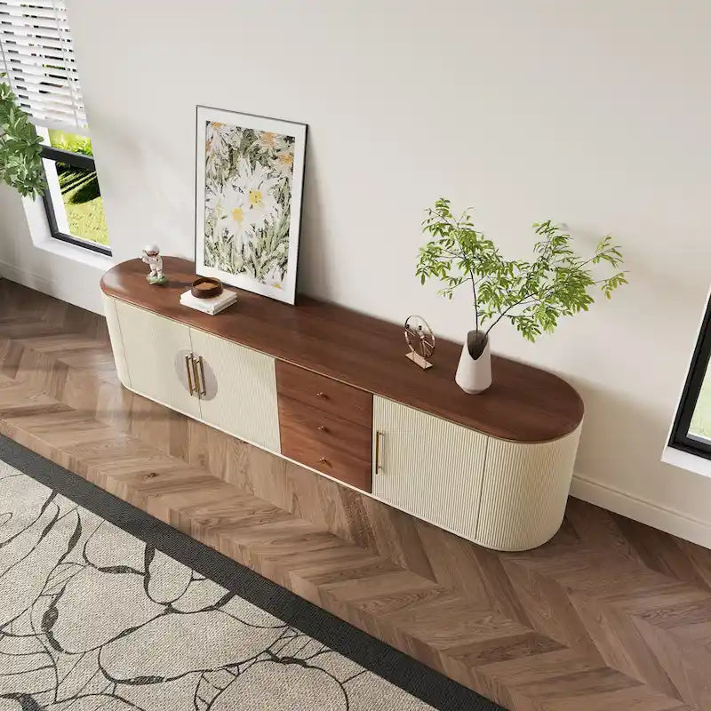 78,74 Mobile TV Moderno di Metà Secolo, Impiallacciatura in Legno Massello Marrone, Consolle Media con 5 Armadietti, 3 Cassetti, Beige, Completamente Assemblato - 78,74