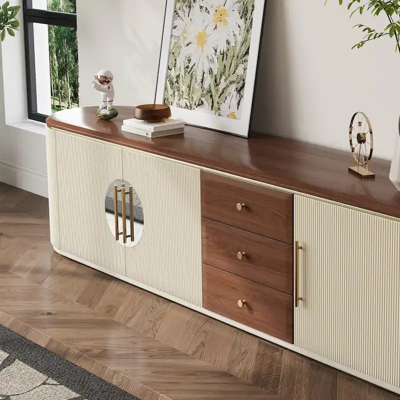 78,74 Mobile TV Moderno di Metà Secolo, Impiallacciatura in Legno Massello Marrone, Consolle Media con 5 Armadietti, 3 Cassetti, Beige, Completamente Assemblato - 78,74