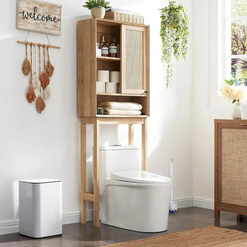 Mobiletto sopra il WC in rattan naturale, Mobiletto contenitore moderno
