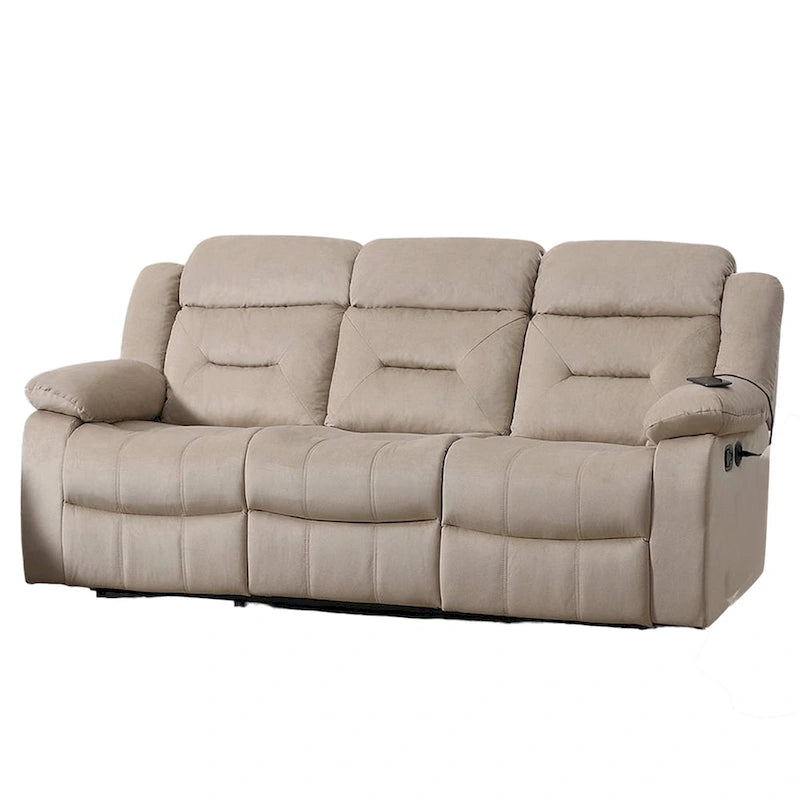 Divano Reclinabile Manuale - Velluto Beige Felpato, Legno Massello, 211 cm