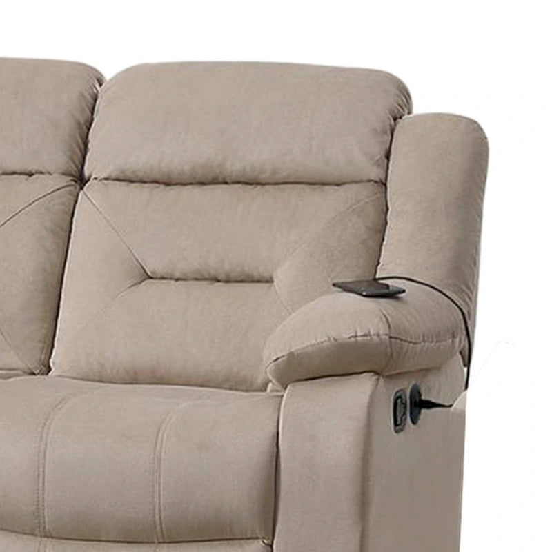 Divano Reclinabile Manuale - Velluto Beige Felpato, Legno Massello, 211 cm