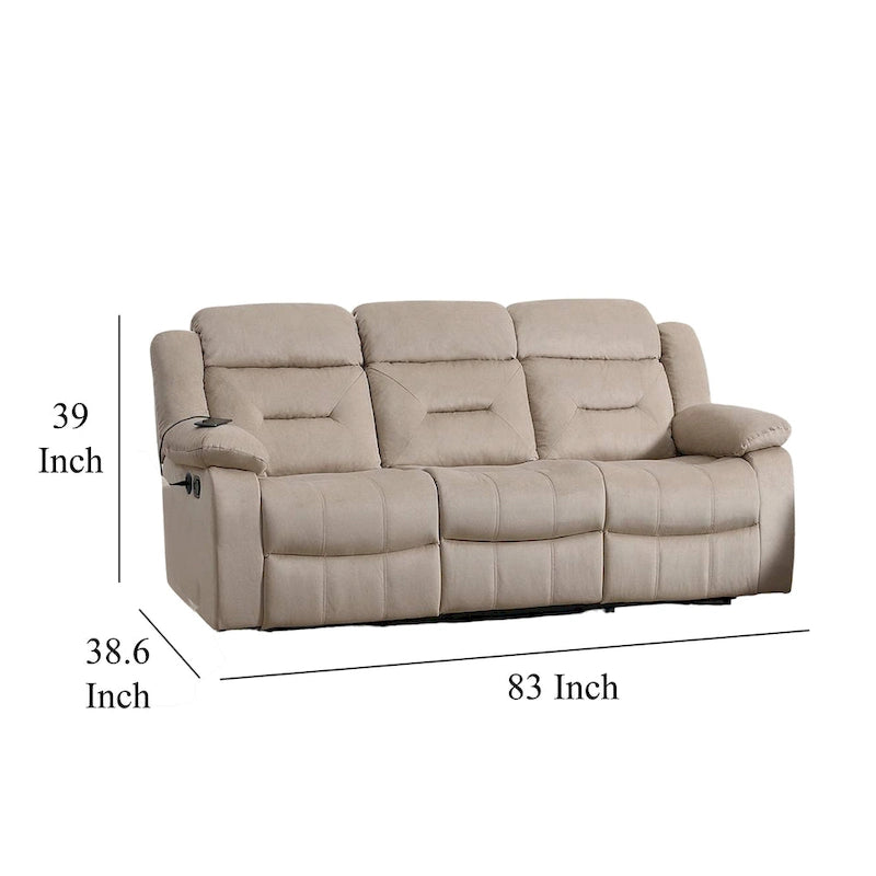 Divano Reclinabile Manuale - Velluto Beige Felpato, Legno Massello, 211 cm