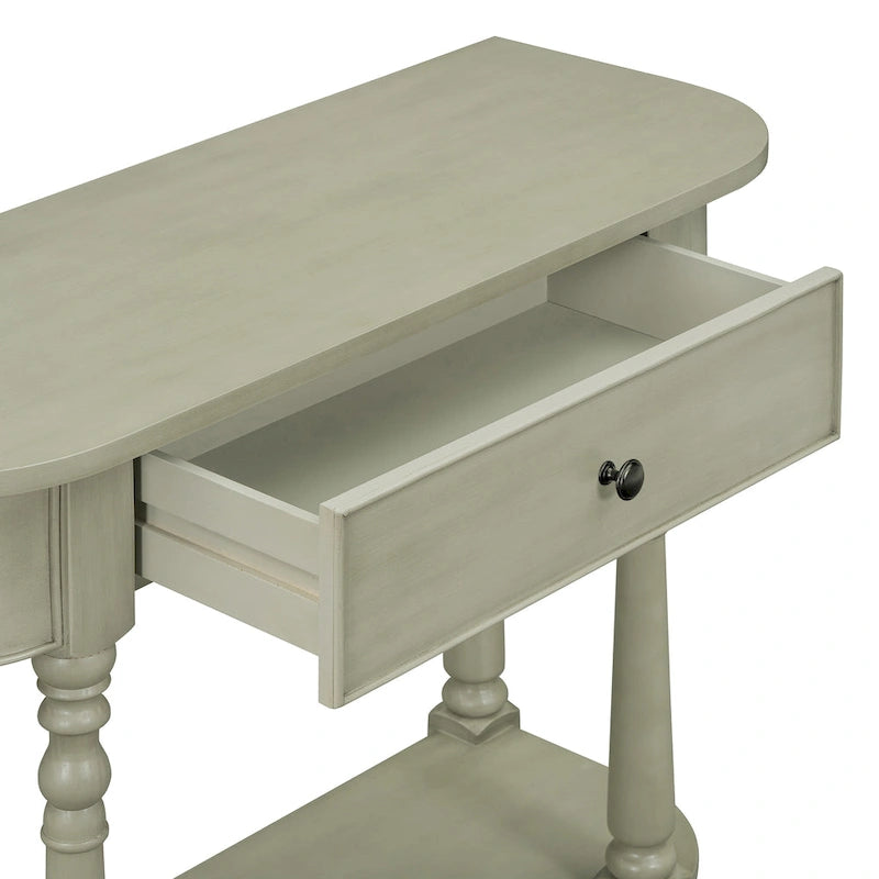 Consolle da ingresso stretta con angoli curvi, cassetto superiore e ripiano aperto in stile retrò