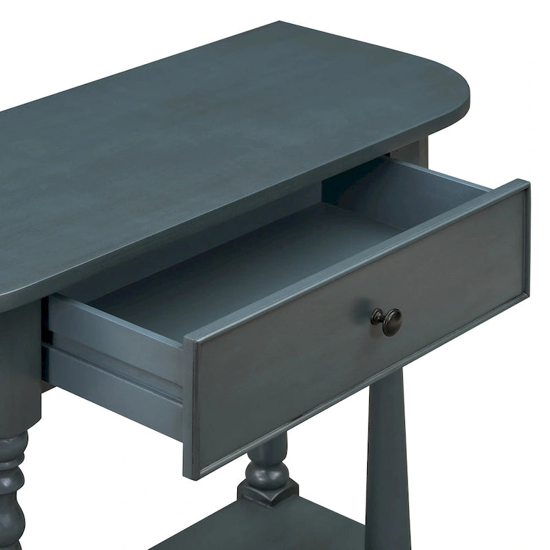 Consolle da ingresso stretta con angoli curvi, cassetto superiore e ripiano aperto in stile retrò