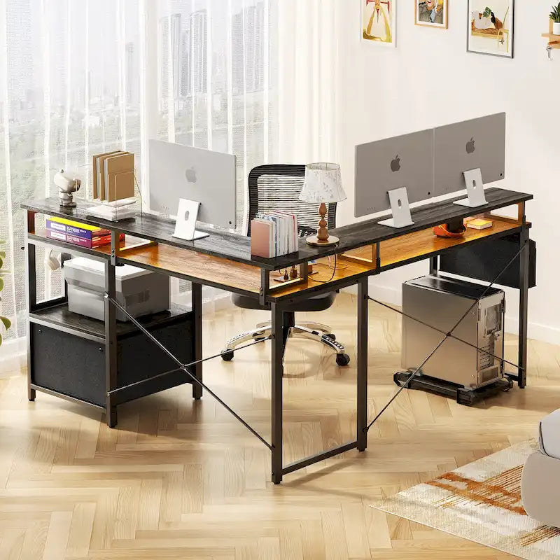 Scrivania a L con cassettiera portadocumenti e supporto per stampante, scrivania ad angolo reversibile per computer con presa di corrente e striscia LED