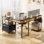 Scrivania a L con cassettiera portadocumenti e supporto per stampante, scrivania ad angolo reversibile per computer con presa di corrente e striscia LED