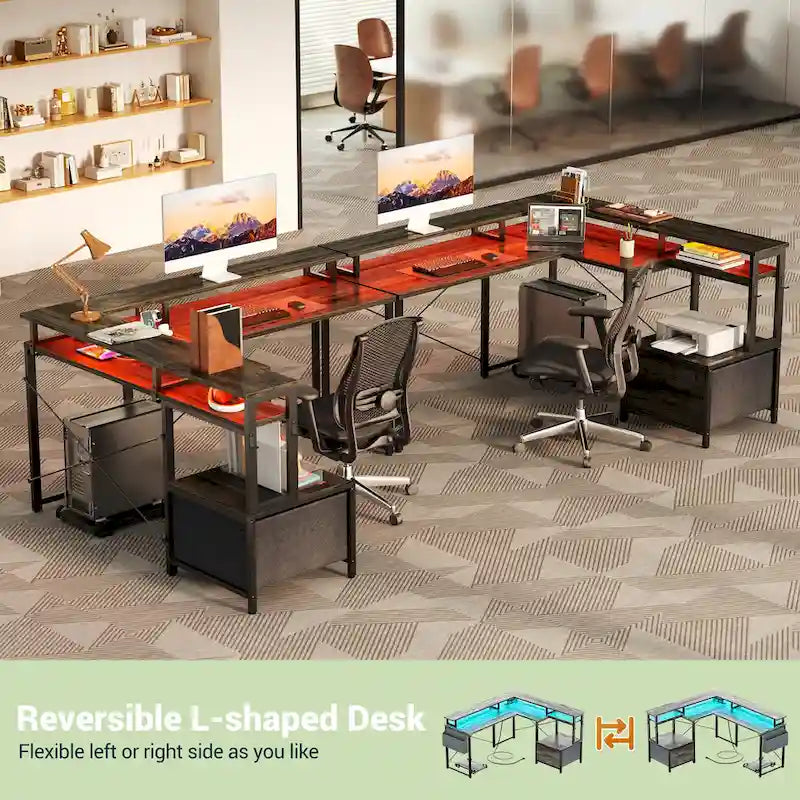 Scrivania a L con cassettiera portadocumenti e supporto per stampante, scrivania ad angolo reversibile per computer con presa di corrente e striscia LED