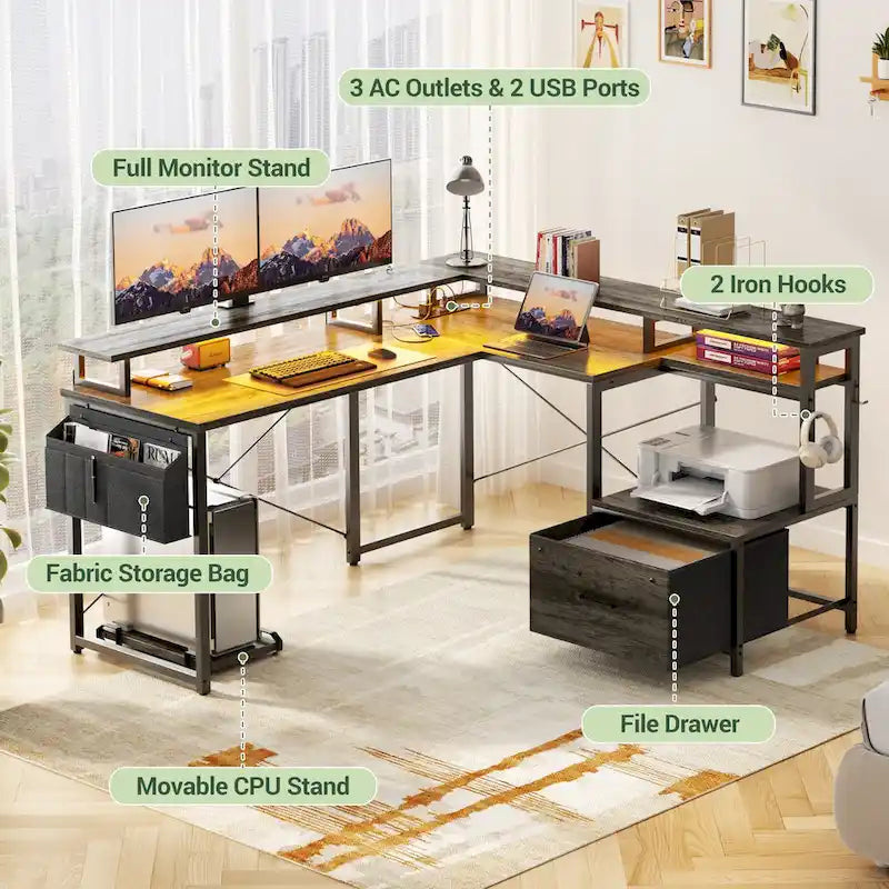 Scrivania a L con cassettiera portadocumenti e supporto per stampante, scrivania ad angolo reversibile per computer con presa di corrente e striscia LED