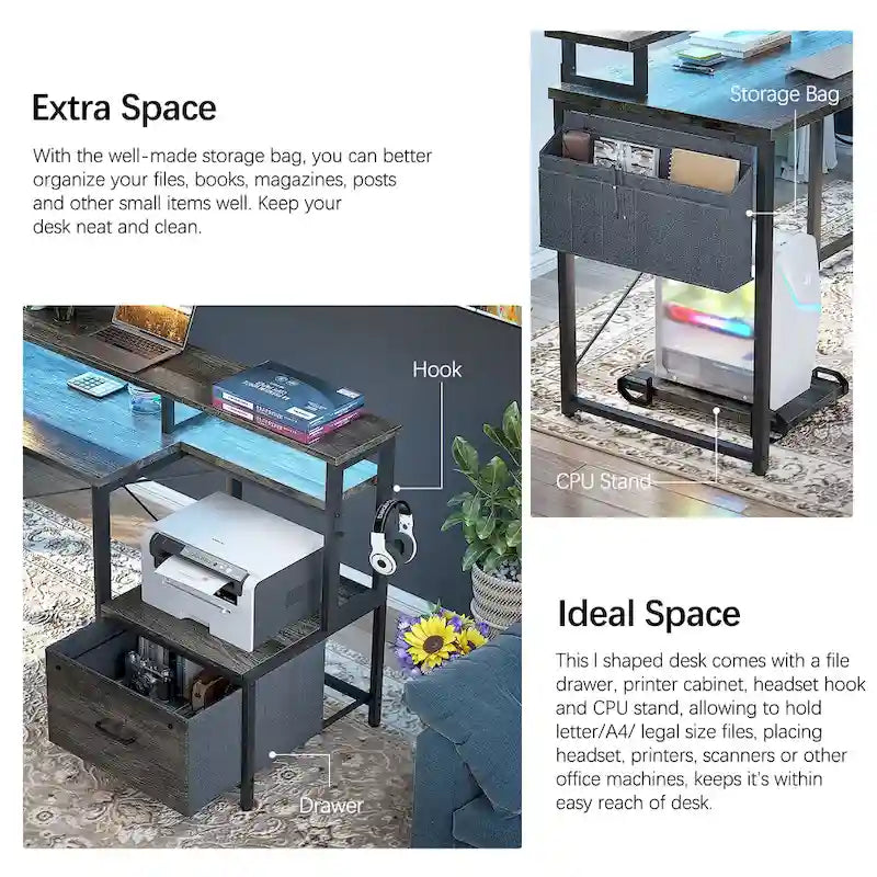 Scrivania a L con cassettiera portadocumenti e supporto per stampante, scrivania ad angolo reversibile per computer con presa di corrente e striscia LED